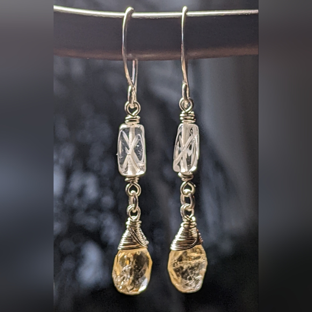 Sterling Silver Citrine Drop Earrings With Carved Clear Quartz Gems